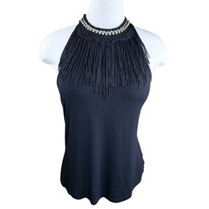 Mauve‎ Black Fringe Crochet Rhinestone Halter Top M Whimsy Goth Boho Chic